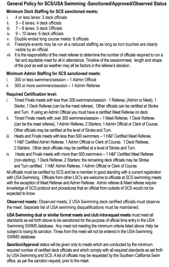 General Policy for SCS/USA Swimming -Sanctioned/Approved/Observed Status